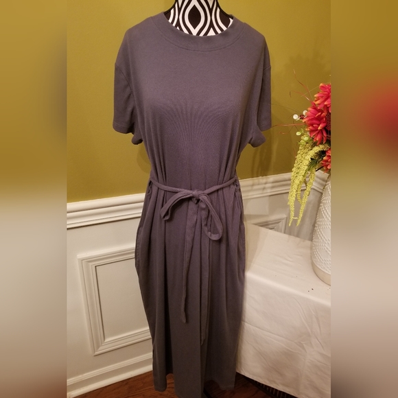 Time and Tru Long Midi Short Sleeve Belted Gray Side Splits Dress Large - Picture 5 of 9